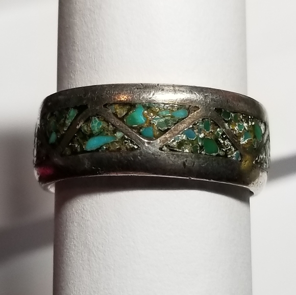 Relisted -vintage inlay ring crushed stone silver tone 8.75  8 3/4 - Picture 8 of 16